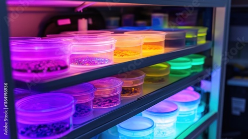 Wallpaper Mural A shelf filled with neatly organized petri dishes glowing under UV light  Torontodigital.ca