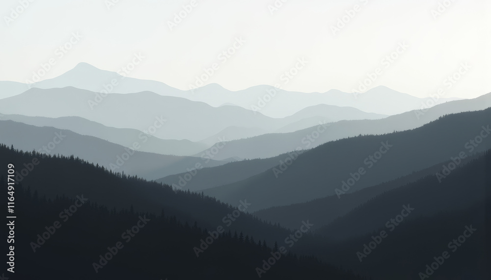 Naklejka premium Layered Misty Mountains Silhouette Scene