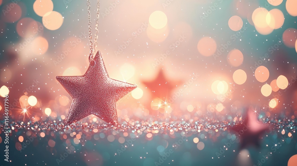 Starry abstract background concept. A beautiful star ornament surrounded by shimmering bokeh lights for festive occasions.