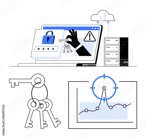 Hacking attempt with hand targeting digital lock on laptop, cloud storage server, keys, and analytics chart. Ideal for security, data protection, hacking, access control, encryption IT security