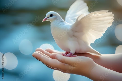 White dove bird on blue background photo