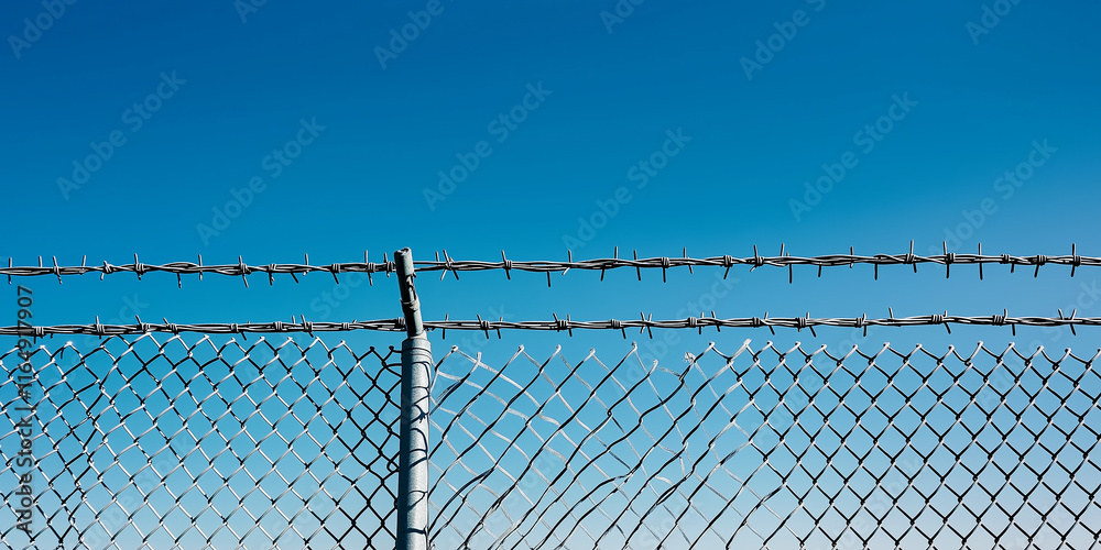 Barbed wire and chain link fence protecting property under blue sky Barbed wire and chain link fence protecting property under blue sky