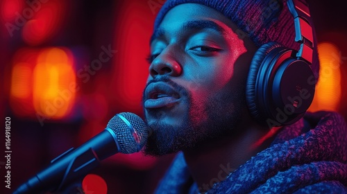 Close-up of a rapper passionately spitting lyrics into a microphone