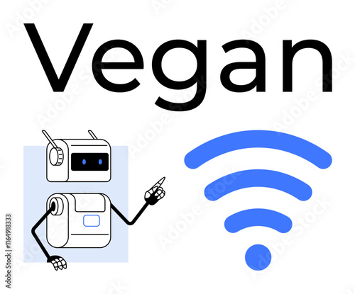 Robot pointing with finger below Vegan text, next to wireless symbol. Ideal for tech, modern lifestyle, connectivity, veganism, futuristic themes, simplicity, clean design. Line metaphor