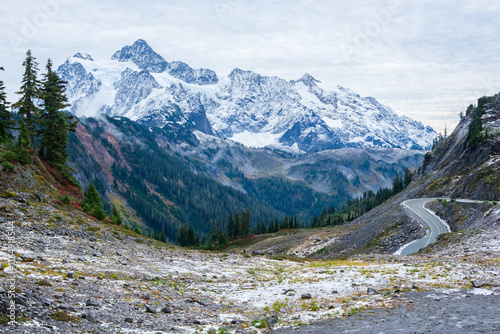 Snow on Mount Shuksan's highest slopes above Mount Baker Highway photo