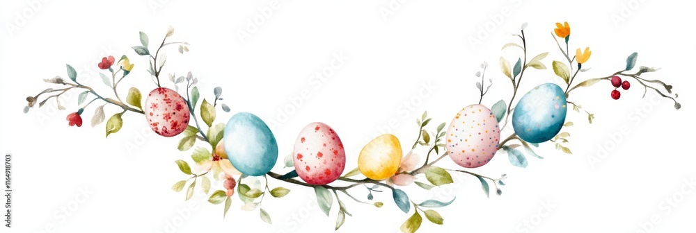 Delicate Pastel Easter Wreath with Eggs, Flowers, and Vines on White Background for Campaign Designs Delicate Pastel Easter Wreath with Eggs, Flowers, and Vines on White Background for Campaign Designs