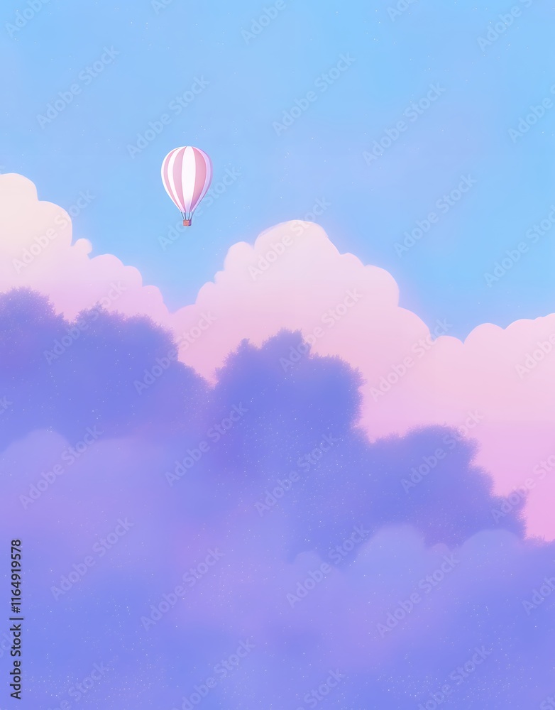 Fototapeta premium Pink and white hot air balloon floating above soft pink clouds against a blue sky. Digital illustration with pastel tones. Travel and adventure concept for greeting card and print.