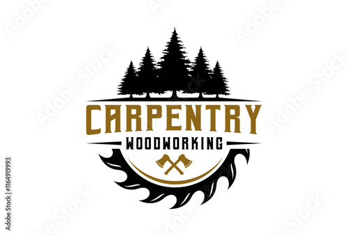 Woodworking logo, carpenter logo design with hammer and circular saw or blade, carpentry logo emblem badge vintage with vector