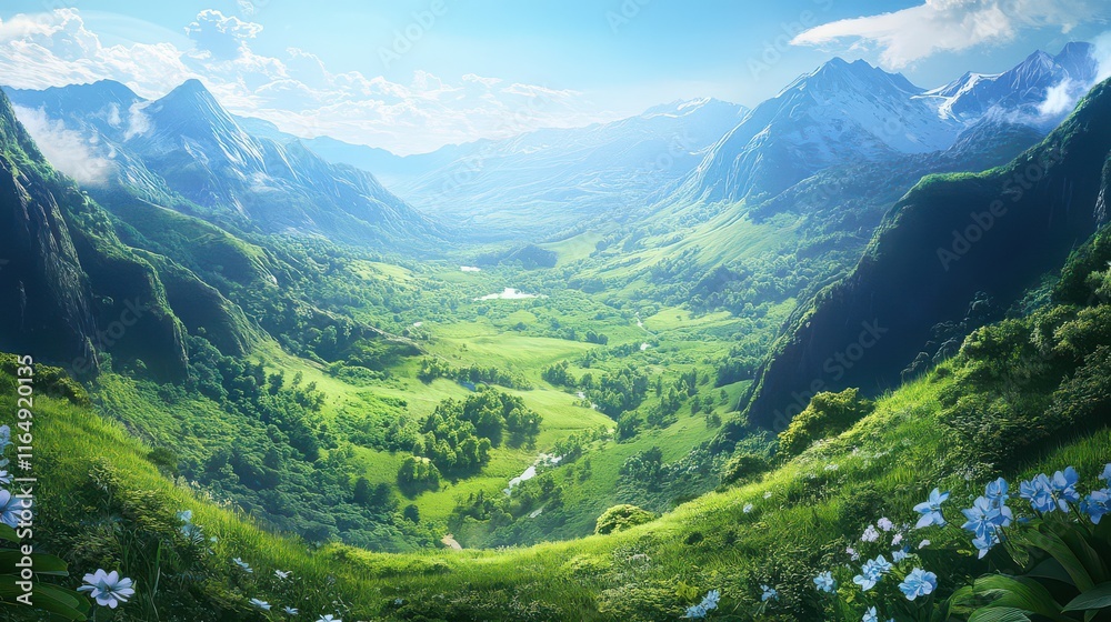 Naklejka premium Serene Mountain Valley with Lush Greenery and Scenic Views