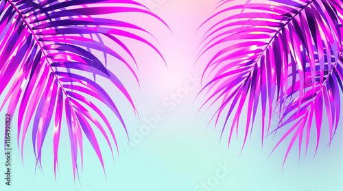 Vibrant pink and purple palm tree leaves against a light blue background. Ideal for summer, tropical, party, or stylized design themes.