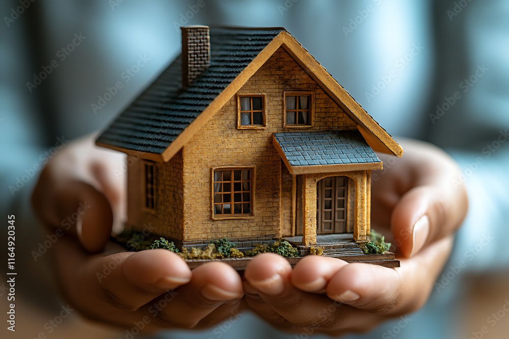 A real estate agent presenting a detailed model of a small house in the palm of their hand, symbolizing real estate investment, property acquisition, and ownership potential in a professional setting A real estate agent presenting a detailed model of a small house in the palm of their hand, symbolizing real estate investment, property acquisition, and ownership potential in a professional setting