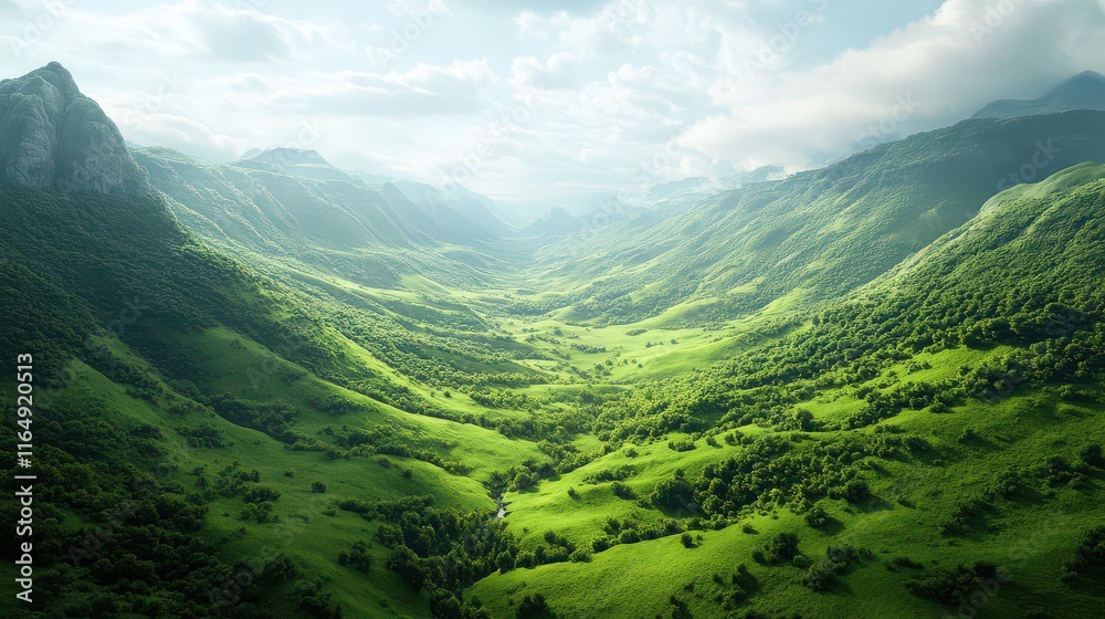 Naklejka premium Serene Green Valley Landscape with Rolling Hills and Misty Mountains