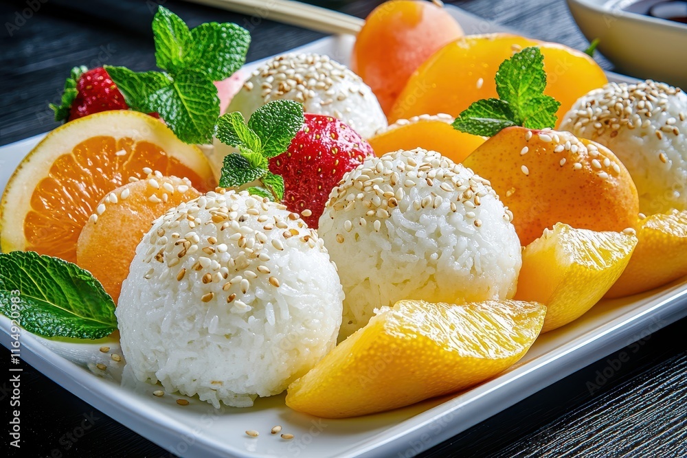 Fresh and Colorful Fruit Platter Featuring Sweet Rice Balls With Sesame, Strawberries, Oranges, Apricots, and Mint Garnish on a Rustic Table Setting Fresh and Colorful Fruit Platter Featuring Sweet Rice Balls With Sesame, Strawberries, Oranges, Apricots, and Mint Garnish on a Rustic Table Setting
