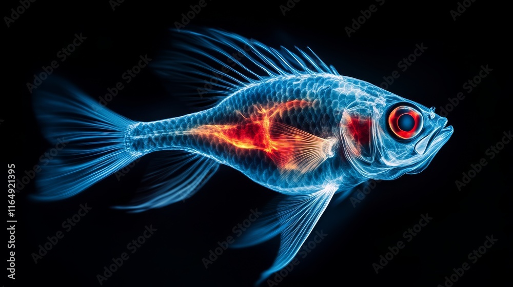 A translucent blue fish with glowing internal organs swims against a black background, highlighting its intricate anatomy.