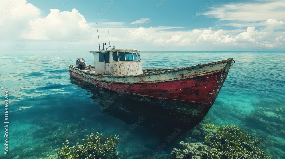 A Weathered Fishing Boat on Crystal Clear Water A Weathered Fishing Boat on Crystal Clear Water