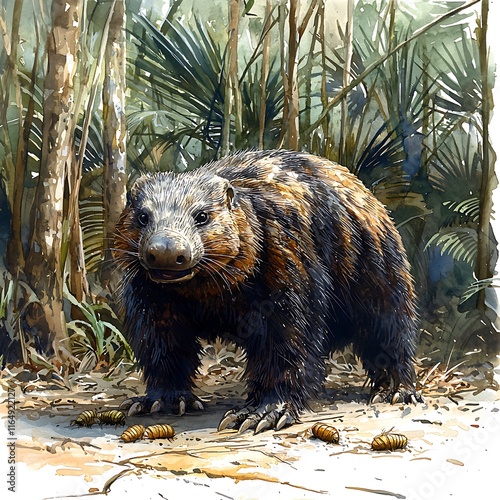 Watercolor Painting of a Giant Ground Sloth in a Tropical Forest Setting. photo