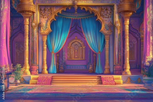 An opulent palace entrance with vibrant turquoise curtains