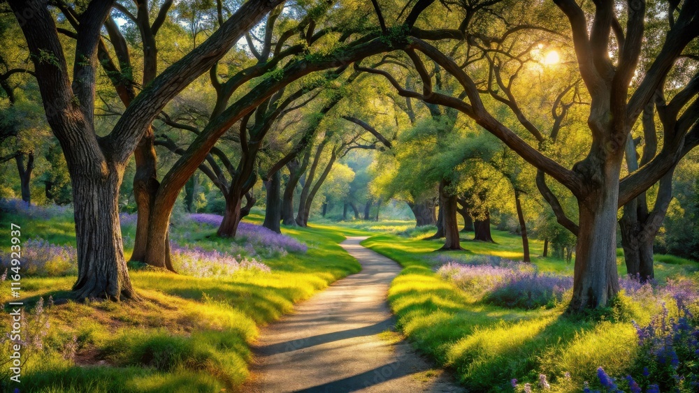 Fototapeta premium Sunlit Pathway Winding Through a Lush Meadow of Wildflowers Underneath a Canopy of Majestic Trees