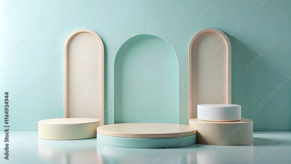 Pastel-colored display podium with arched recesses ideal for product presentation and branding Pastel-colored display podium with arched recesses ideal for product presentation and branding