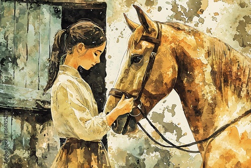 Tender Moment A Watercolor-Style Painting of a Young Girl and Her Horse. photo