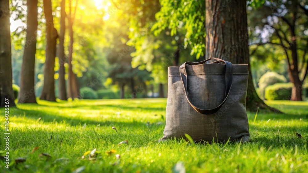 A sturdy tote bag rests on a vibrant green lawn, bathed in the warm glow of sunlight filtering through a tranquil park setting. A sturdy tote bag rests on a vibrant green lawn, bathed in the warm glow of sunlight filtering through a tranquil park setting.