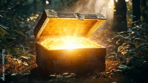 Hidden treasure glows brightly in an enchanted forest at dawn
