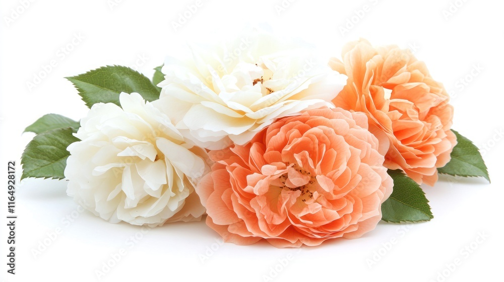 Bouquet of orange and white roses on white.