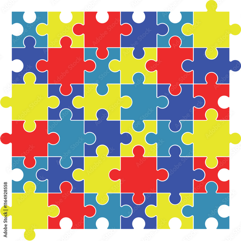 Puzzle Pattern Vector. White Background Autism Awareness Puzzle Colored Illustration.