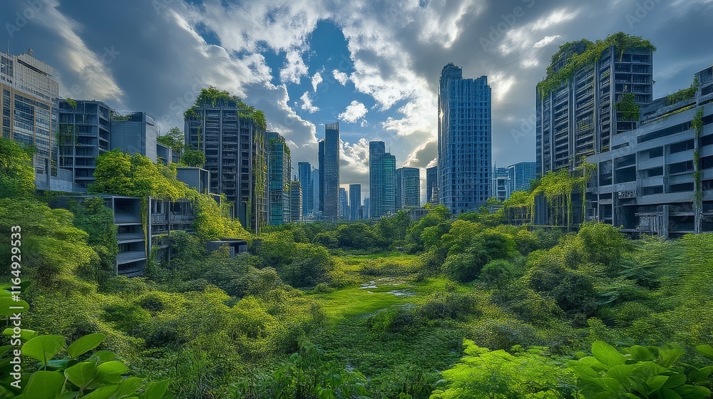 A vibrant blend of nature and urban structures, showcasing greenery enveloping skyscrapers under a dramatic sky. A vibrant blend of nature and urban structures, showcasing greenery enveloping skyscrapers under a dramatic sky.