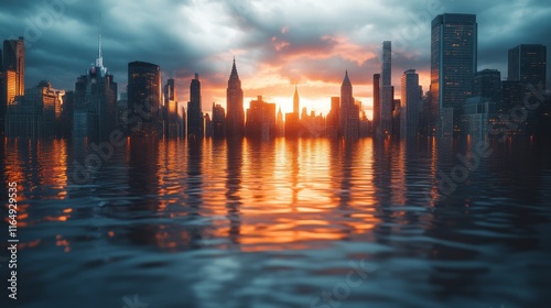 A serene cityscape at sunset, with skyscrapers reflected in calm water, under a dramatic sky filled with clouds and warm hues. photo