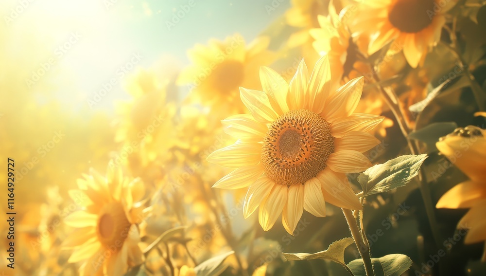 Sunlit sunflowers in a field at sunset. Sunlit sunflowers in a field at sunset.