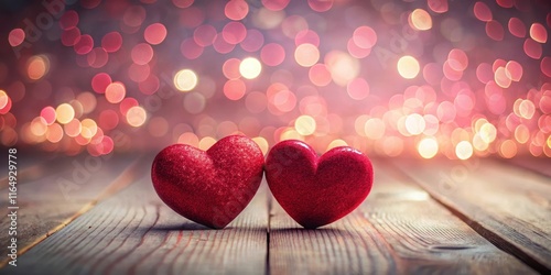 Romantic Red Hearts on Wooden Background with Soft Pink Lighting, valentines day photo