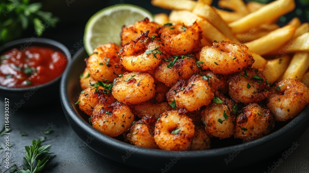 Plate of crispy shrimp and fries with sauce. Plate of crispy shrimp and fries with sauce.