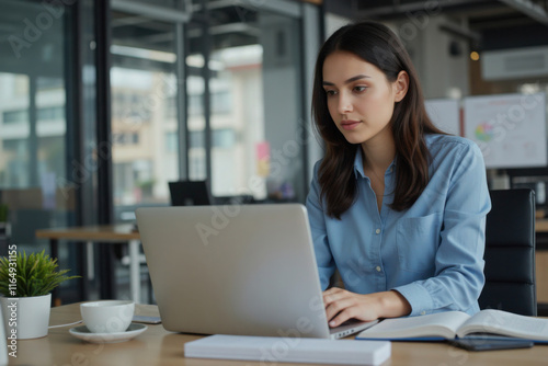 A woman in a blue shirt is working on a laptop at a desk