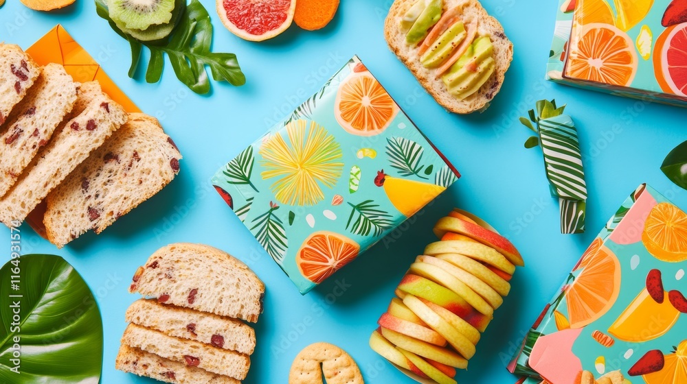 A family-friendly travel kit with snacks for kids, featuring finger foods like sandwiches, fruit slices, and cookies in vibrant packaging,