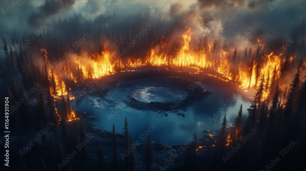A dramatic aerial view of a forest fire encircling a body of water, showcasing flames and smoke amidst darkened trees and ominous clouds. A dramatic aerial view of a forest fire encircling a body of water, showcasing flames and smoke amidst darkened trees and ominous clouds.