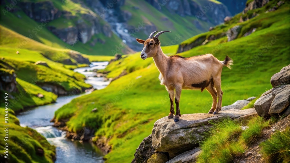 A goat standing on a rocky cliff overlooking a green meadow with a small stream running through it , landscape, rustic A goat standing on a rocky cliff overlooking a green meadow with a small stream running through it , landscape, rustic