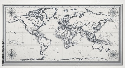 Vintage-style world map with compass roses, showing countries and oceans. photo