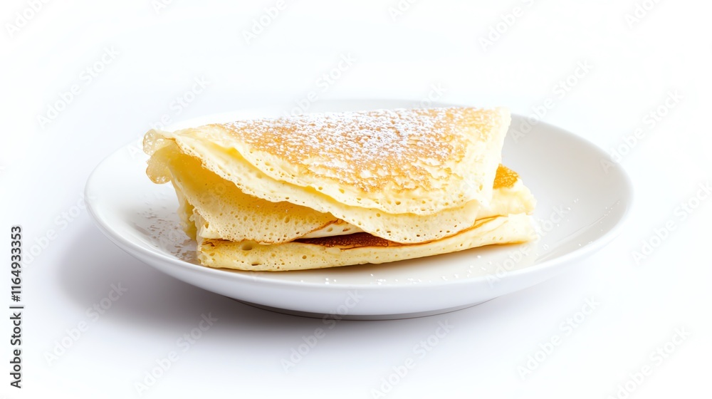 Delicious crepes stacked on a white plate with a sprinkle of powdered sugar, perfect for breakfast or dessert. Delicious crepes stacked on a white plate with a sprinkle of powdered sugar, perfect for breakfast or dessert.