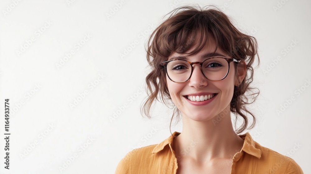 A joyful young brunette woman wearing spectacles ,Full depth of field, isolated on white background A joyful young brunette woman wearing spectacles ,Full depth of field, isolated on white background