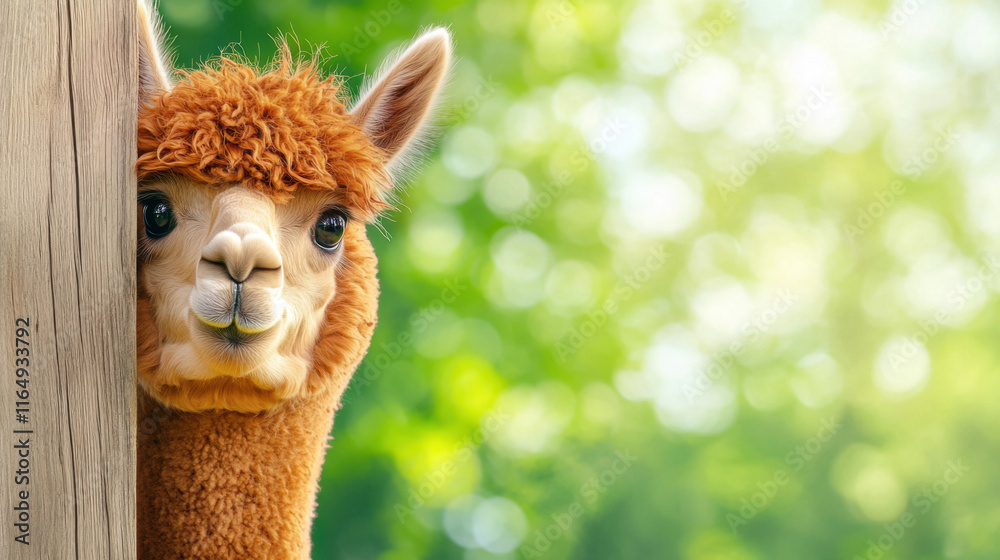 playful brown alpaca peeking out from behind rustic wooden post, surrounded by lush green background, evokes sense of curiosity and charm playful brown alpaca peeking out from behind rustic wooden post, surrounded by lush green background, evokes sense of curiosity and charm