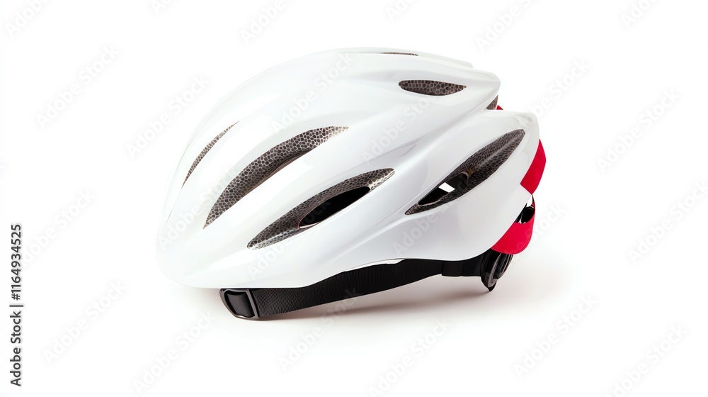 A modern cycling helmet with a sleek design, featuring white and red colors, isolated on a white background. A modern cycling helmet with a sleek design, featuring white and red colors, isolated on a white background.