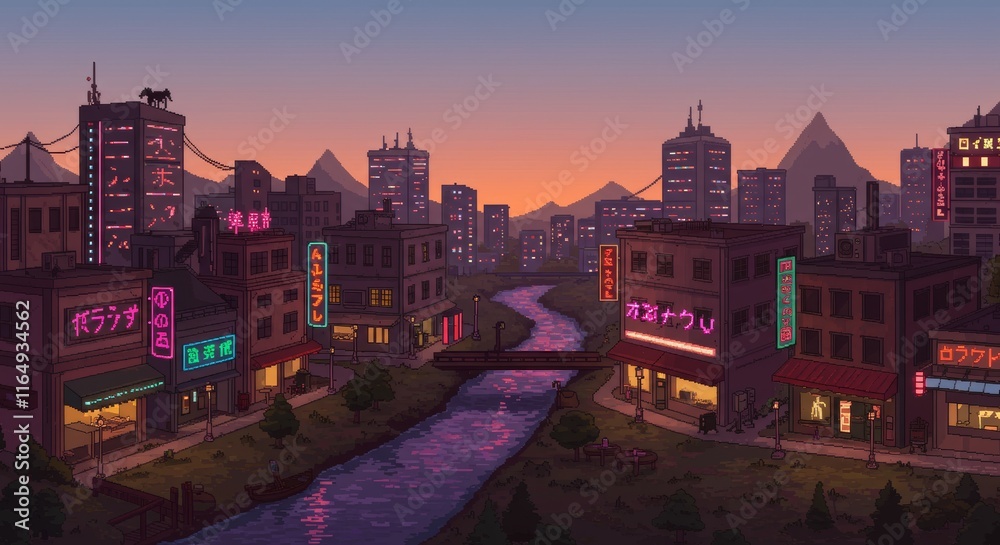 Naklejka premium Pixel art cityscape at dusk with neon lights and river