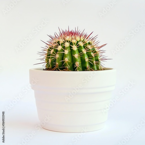 A vibrant cactus in a white pot, showcasing its unique shape and colorful spines against a clean background. photo