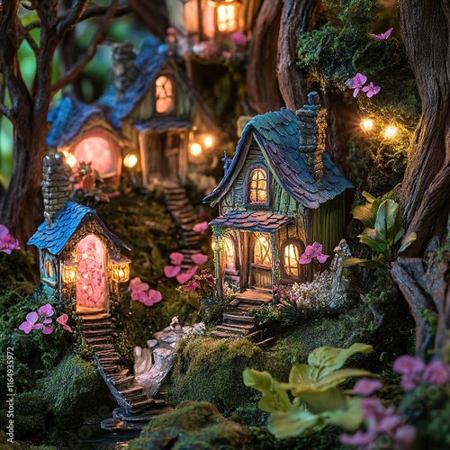 Enchanting miniature fairy village nestled in a lush, illuminated forest. photo