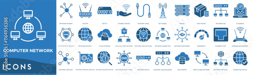 Computer network icon. Network Diagram, Router, Switch, Internet Service and Network Cable