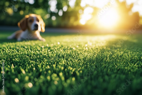 Beagle puppy resting on artificial grass in sunlight.