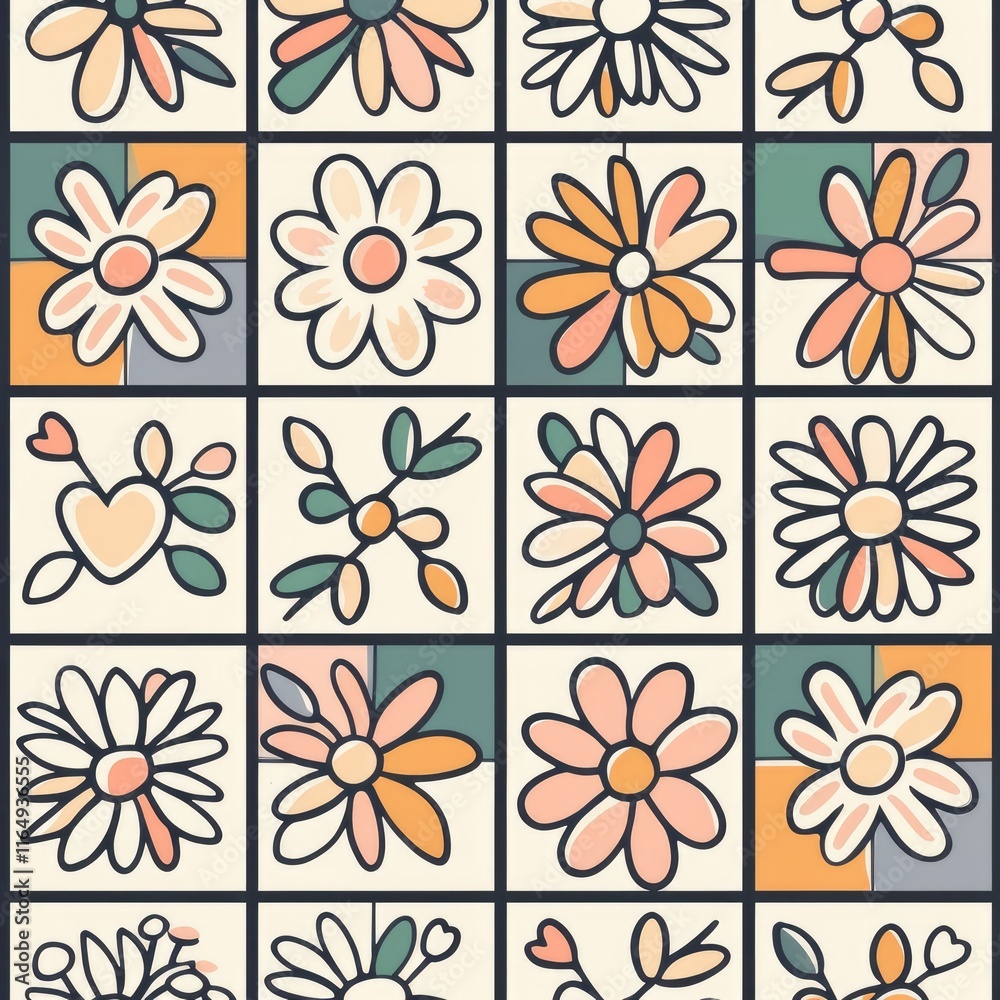 Obraz premium A colorful grid of floral patterns with various designs and shapes.