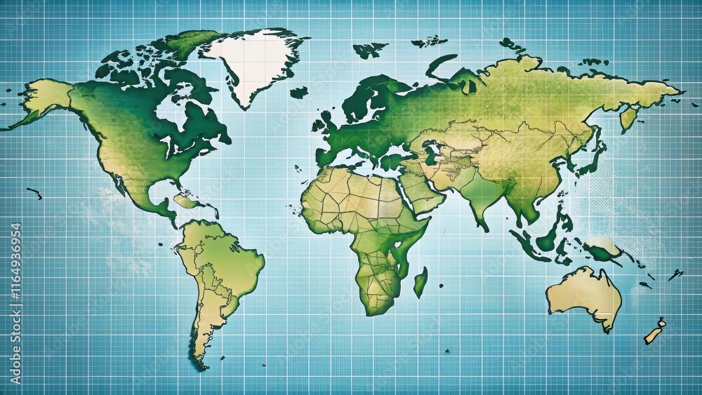 A textured world map illustration with shaded relief, showing continents and countries, overlaid on a gridded background A textured world map illustration with shaded relief, showing continents and countries, overlaid on a gridded background