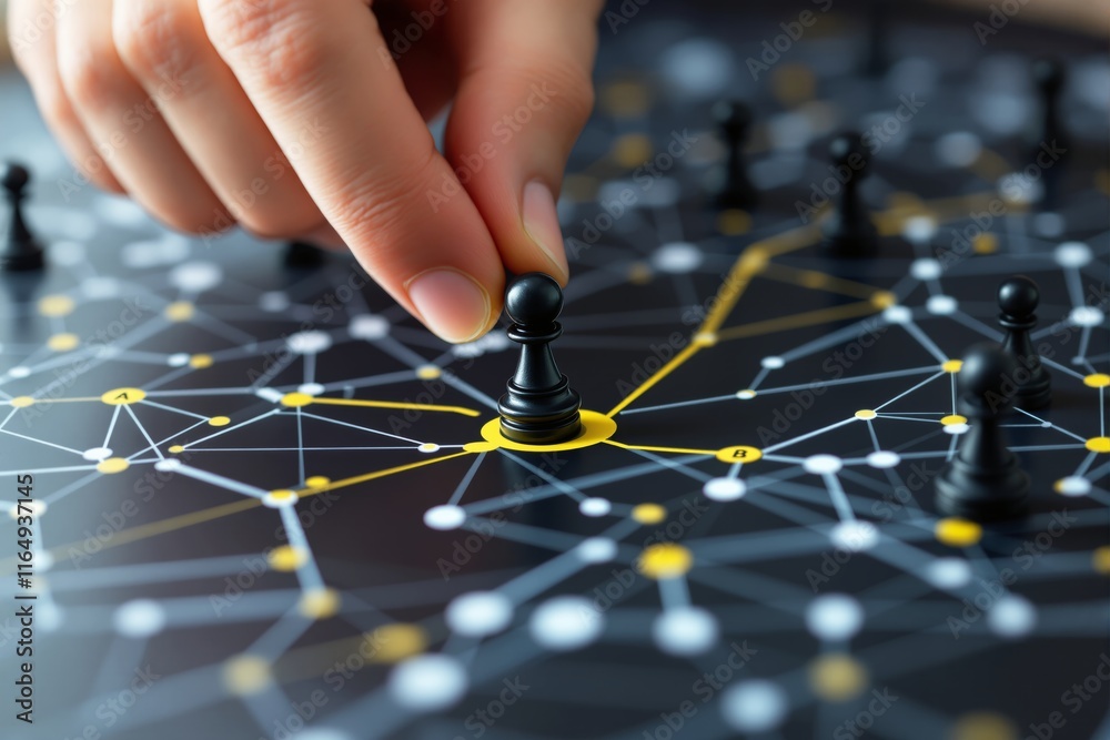 Hand placing chess piece on interconnected network map with yellow and white nodes, abstract background, concept of strategy, decision-making, planning. Ai generative Hand placing chess piece on interconnected network map with yellow and white nodes, abstract background, concept of strategy, decision-making, planning. Ai generative